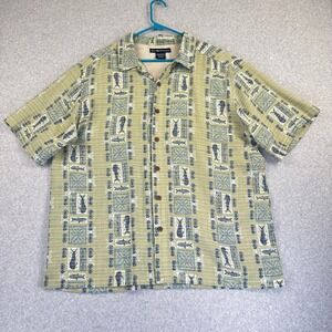 EXOFFICIO Mens XL Tropical Fish Print Short Sleeve Button Up Shirt Beige Blue